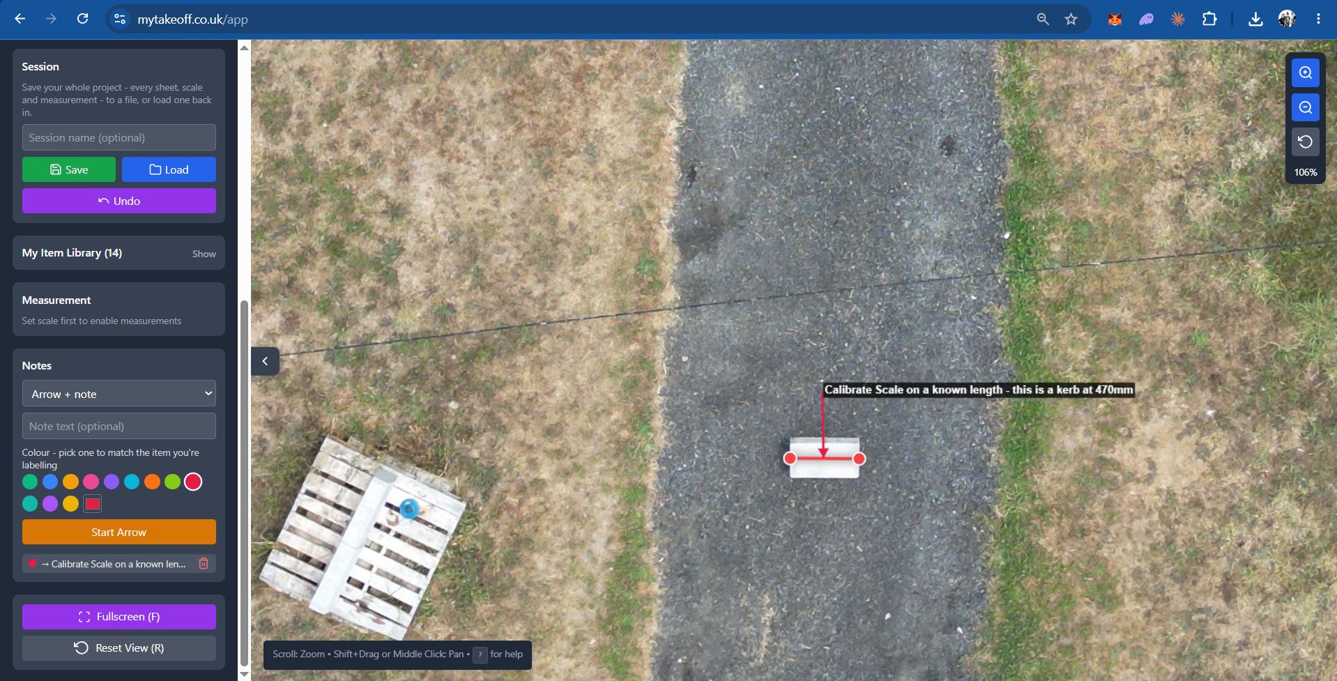 Calibrating scale in MyTakeoff against a kerb stone of known length on an aerial drone photo