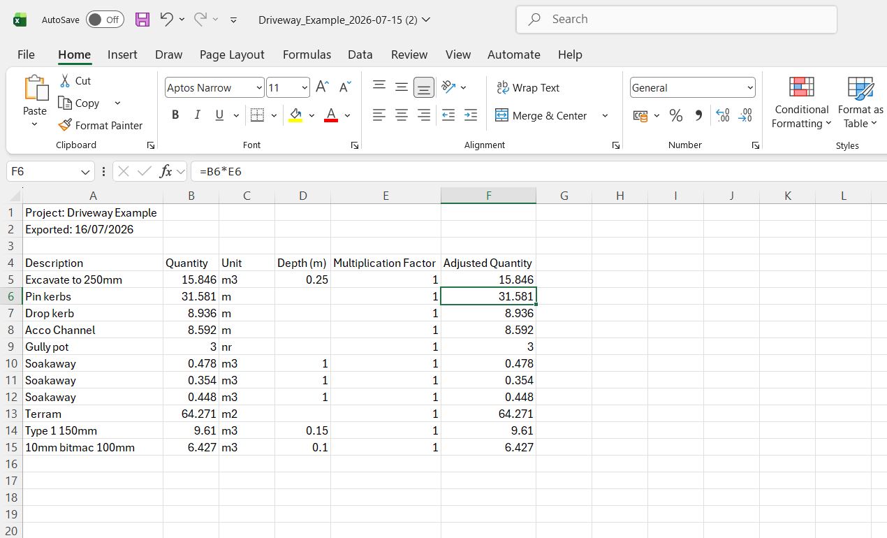 CSV export of a driveway takeoff opened in Excel, showing item descriptions, quantities, units and a live adjusted-quantity formula