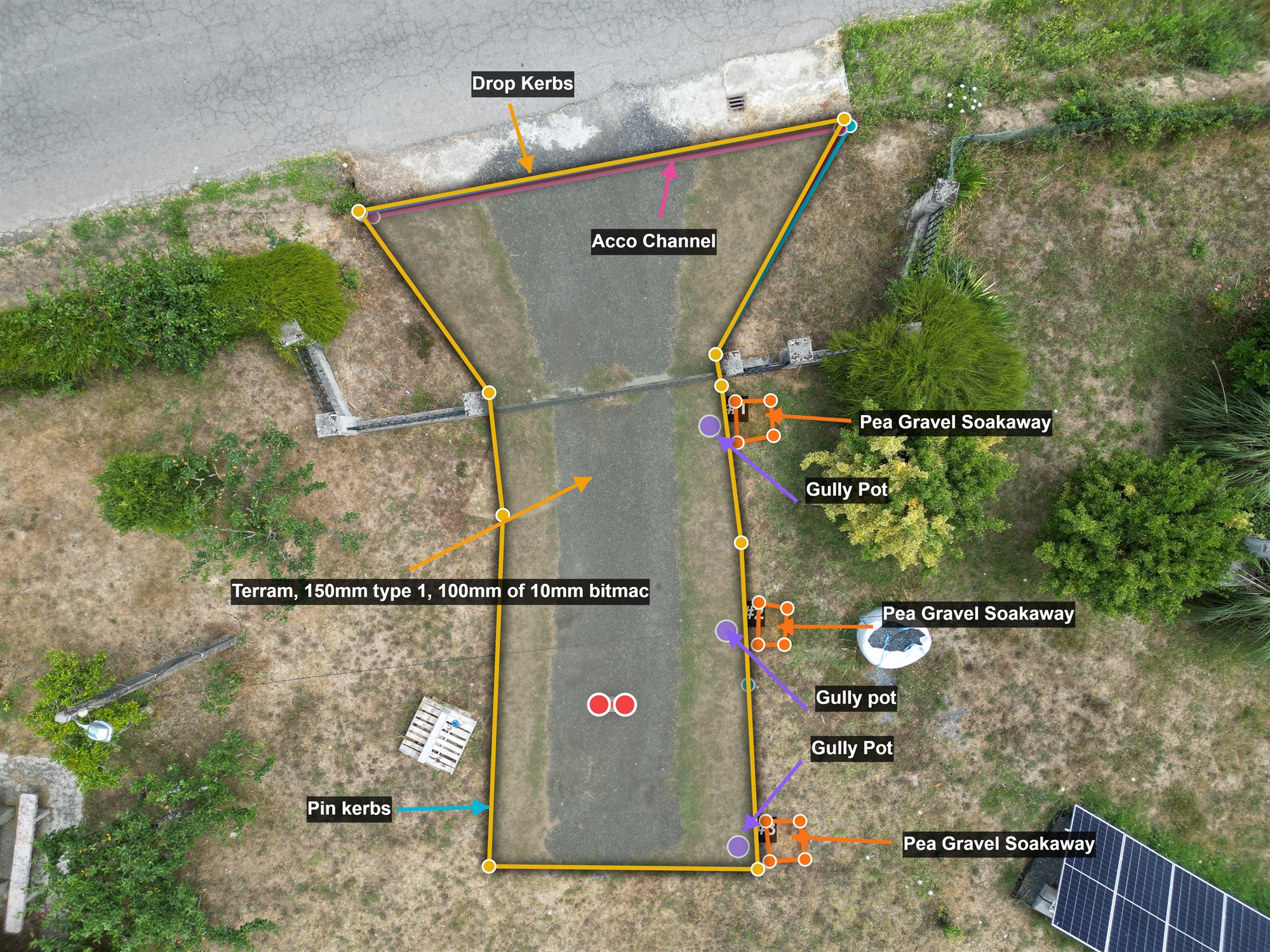 Marked-up exported drawing showing every measurement on a driveway and drainage takeoff