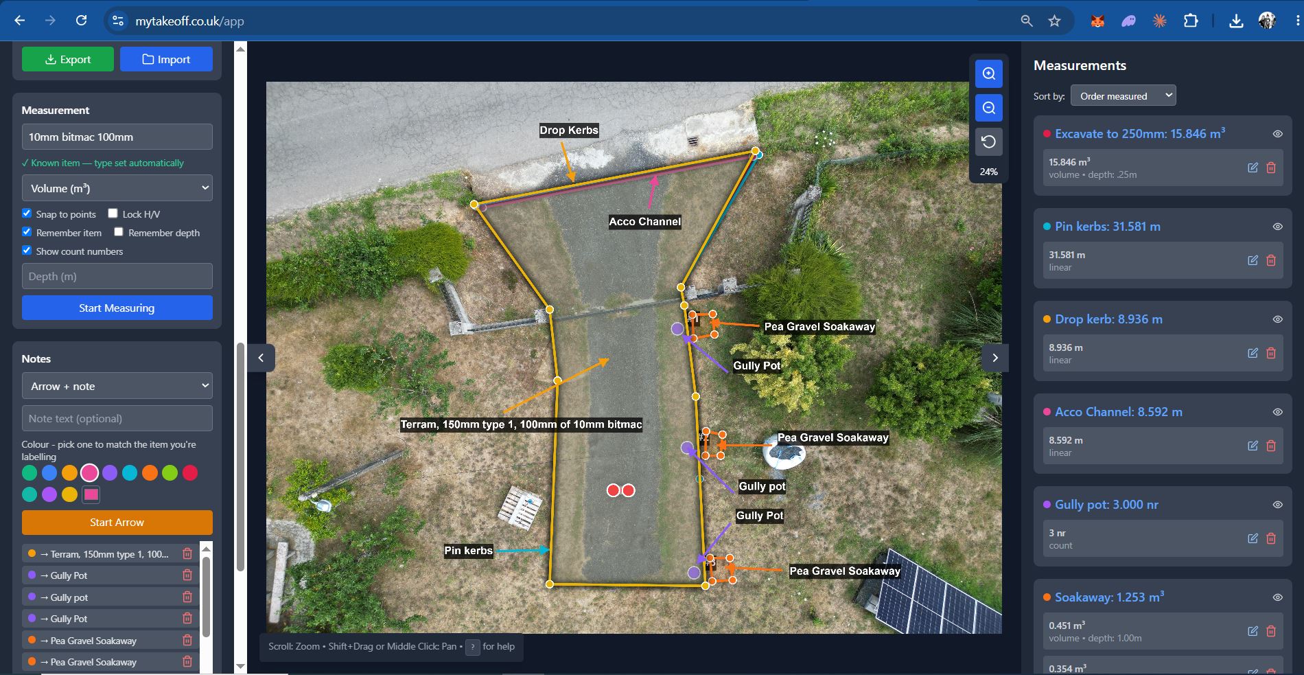 MyTakeoff workspace showing linear, area, volume and count measurements on a driveway drainage takeoff
